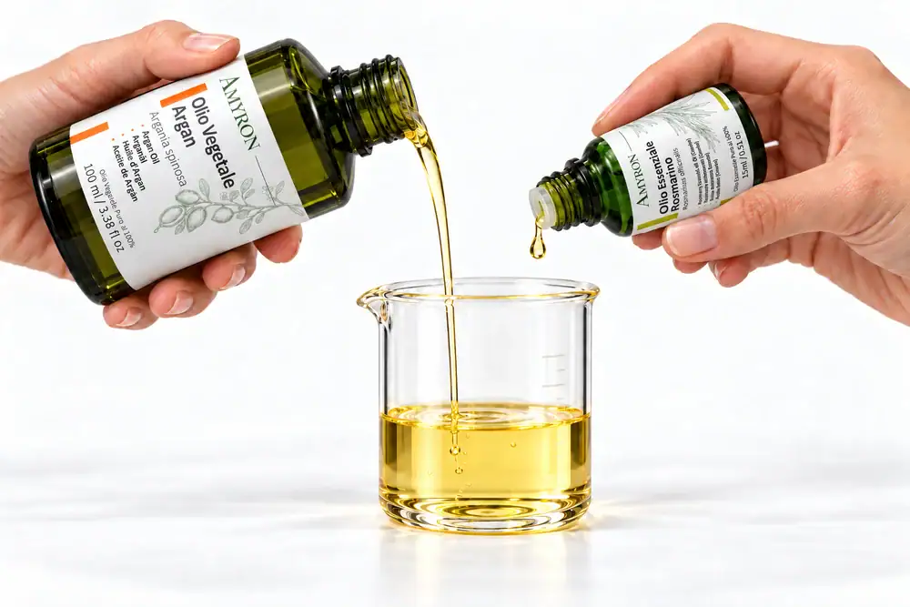 Due mani versano olio vegetale di argan e una goccia di olio essenziale di rosmarino dai flaconi AMYRON in un becher. dimostrazione di come diluire oli essenziali