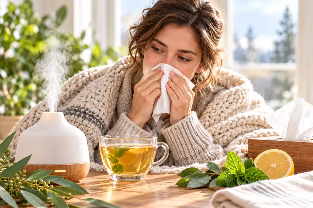 Donna raffreddata con fazzoletto, diffusore di oli essenziali e tisana calda