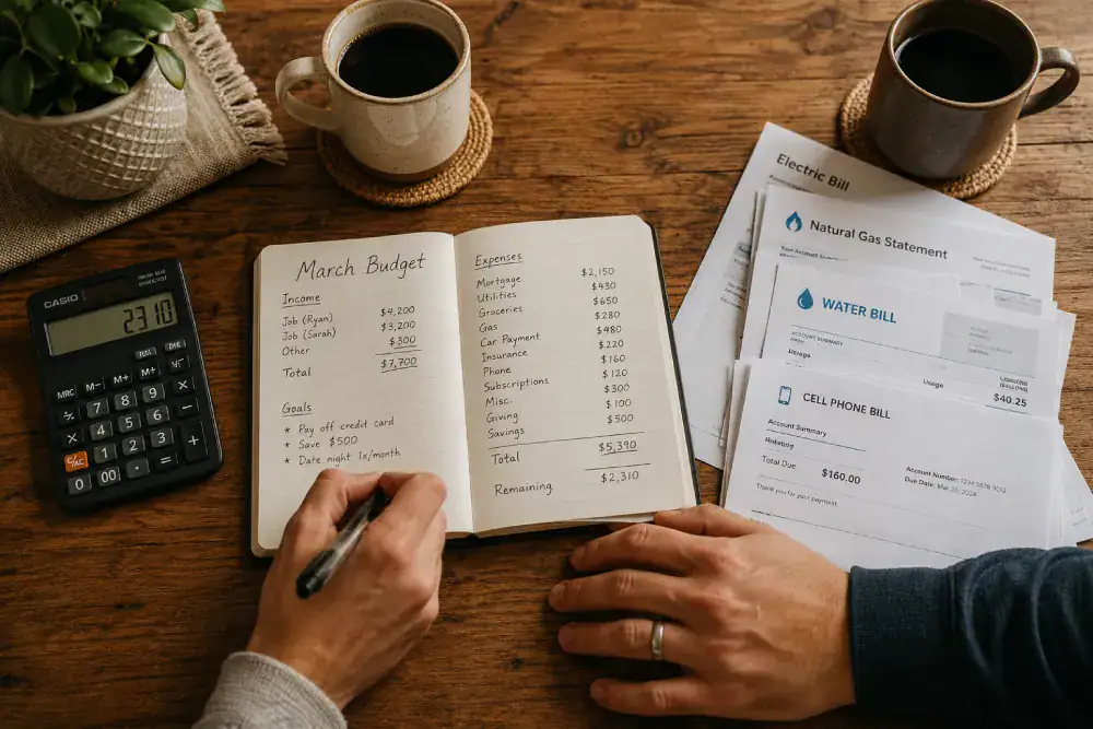 Notebook with a handwritten monthly budget, calculator and coffee on a table as a couple plans shared expenses