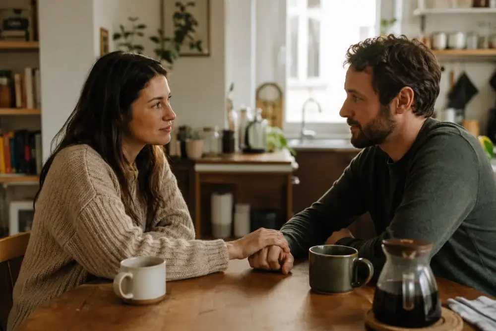 Couple talking over coffee at their kitchen table, discussing whether they're ready to move in together