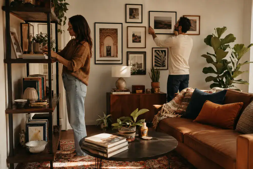 Couple decorating their new shared living room together, arranging shelves and hanging art in their finished home