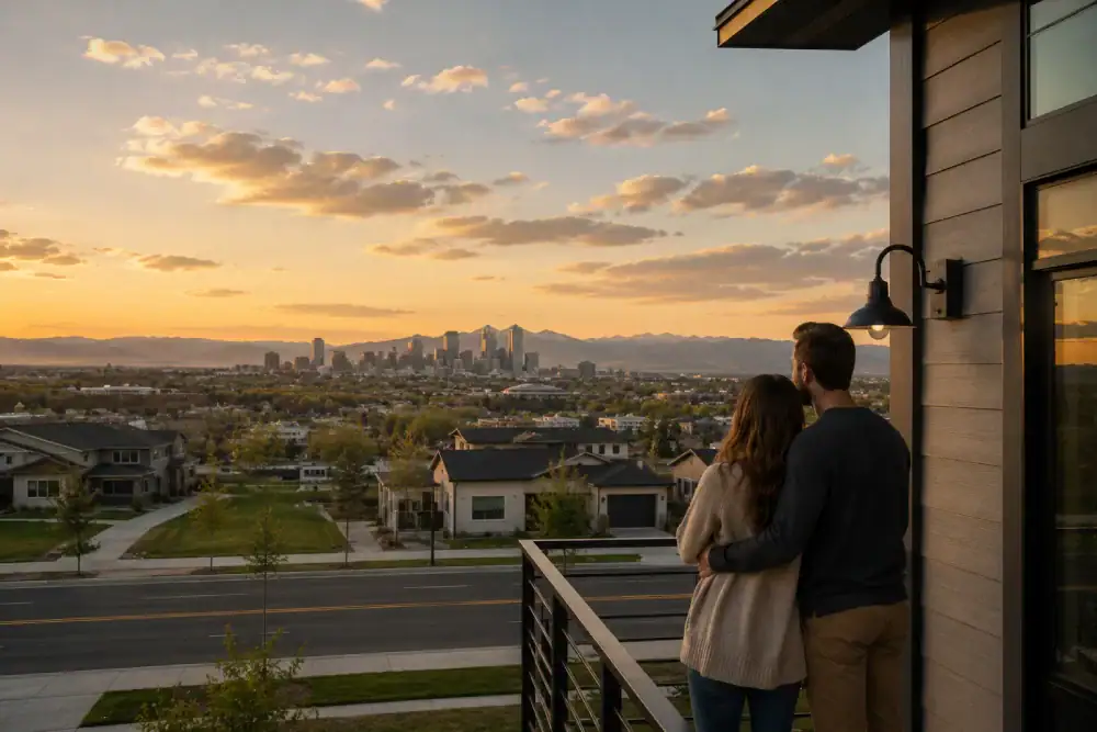 Couple embracing on the balcony of their new home with the Denver skyline and Rocky Mountains in the background
