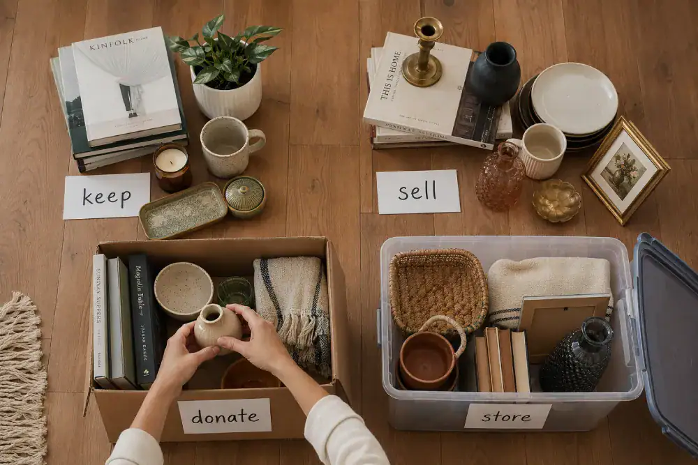 Household items sorted into keep, sell, donate and store piles on the floor while combining two households