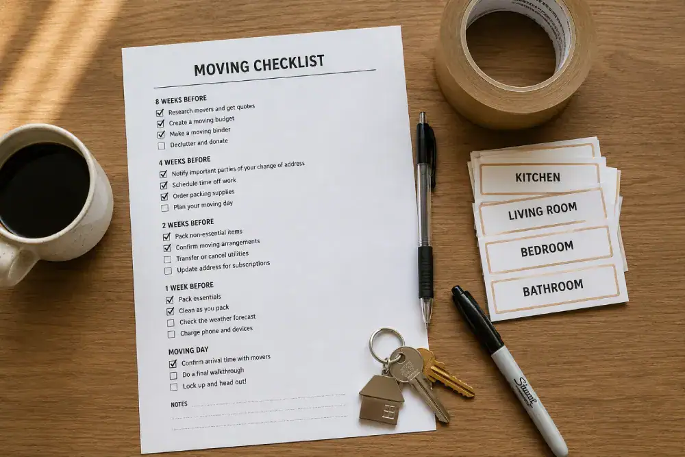 Moving day checklist with packing tape, marker, labels and keys laid out on a table before the big move