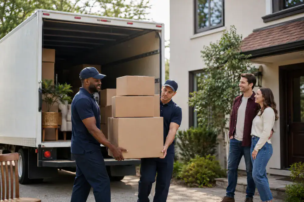 Professional movers in uniform carrying boxes from a truck as a relieved couple watches during their household move