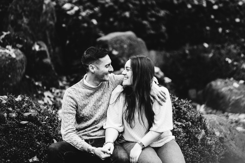 Black and white photo of Lauren and Paul on their Walkden Gardens Photoshoot