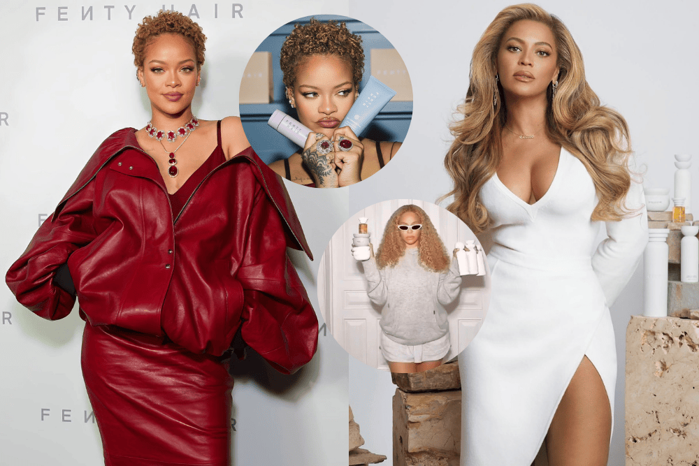 Rihanna posing in a stylish red leather outfit at the Fenty Hair launch event. Surrounding her are two circular images: one featuring her promoting Fenty Hair products with a confident gaze, and another showing Beyoncé in a white dress, promoting her Cécred line with a radiant smile and holding two product bottles.