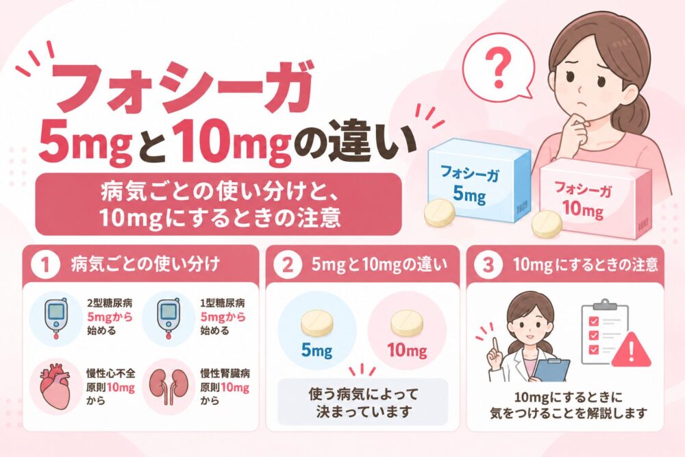 フォシーガ5mgと10mgの違い｜病気ごとの使い分けと、10mgにするときの注意を解説する記事