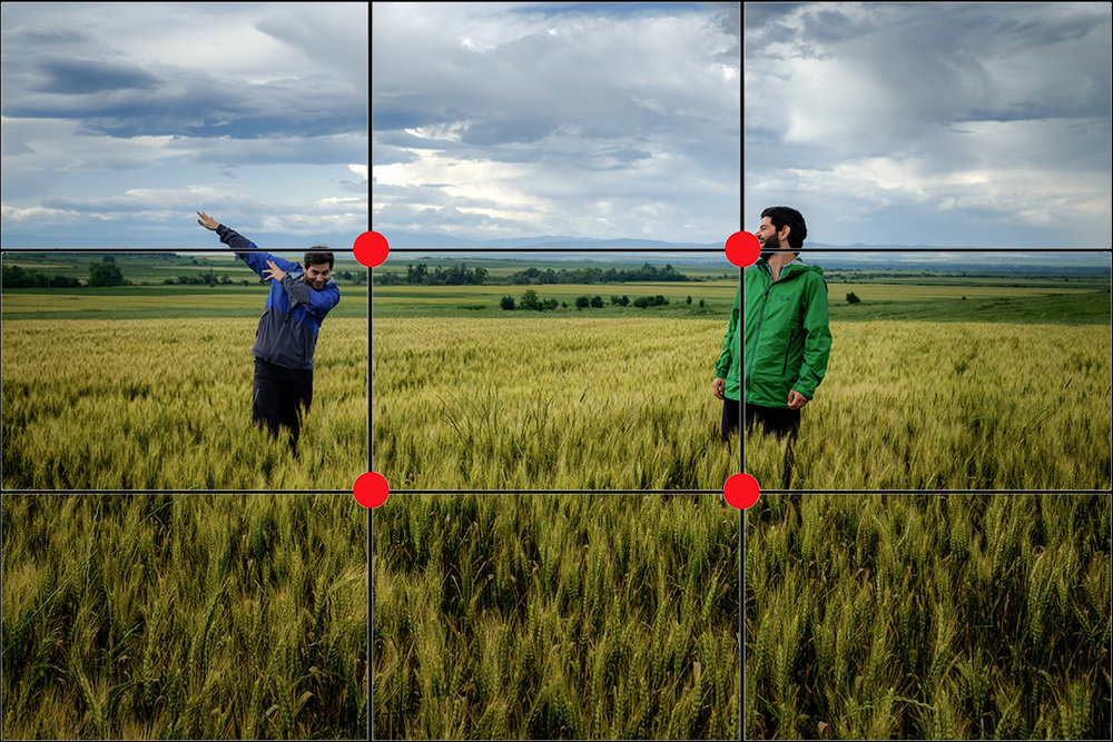 image qui montre la règle des tiers en photographie, avec les quatre points forts au croisement des lignes.