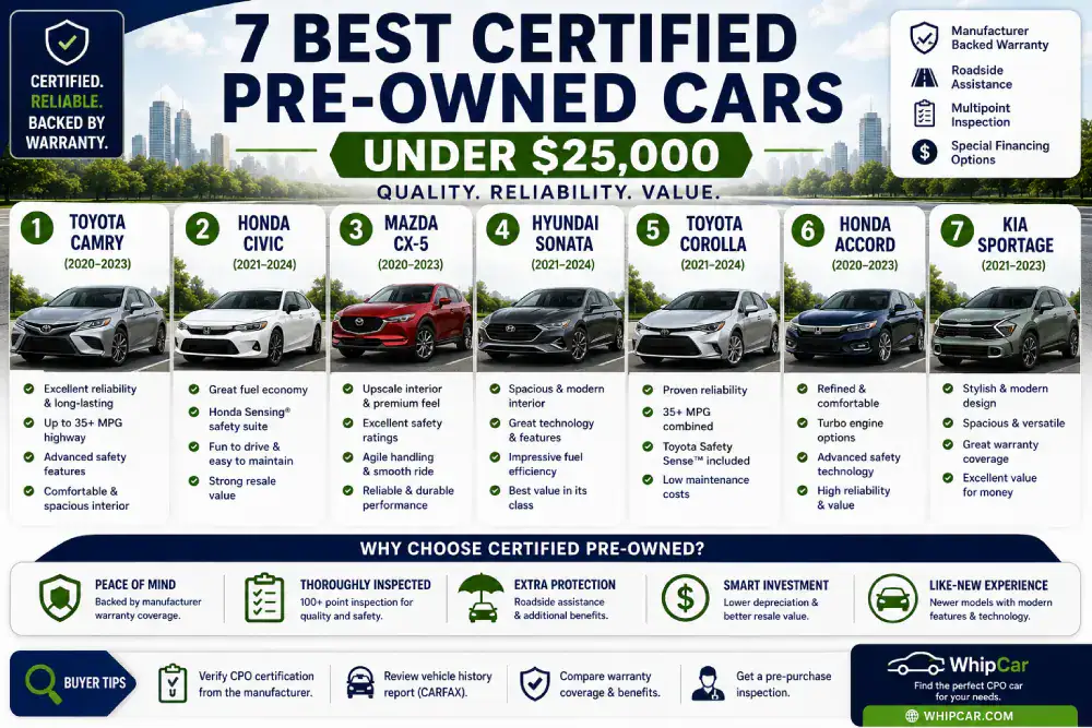 Best certified pre-owned cars under $25,000 in 2026 including Toyota Camry, Honda Civic, Mazda CX-5, Hyundai Sonata, Toyota Corolla, Honda Accord, and Kia Sportage