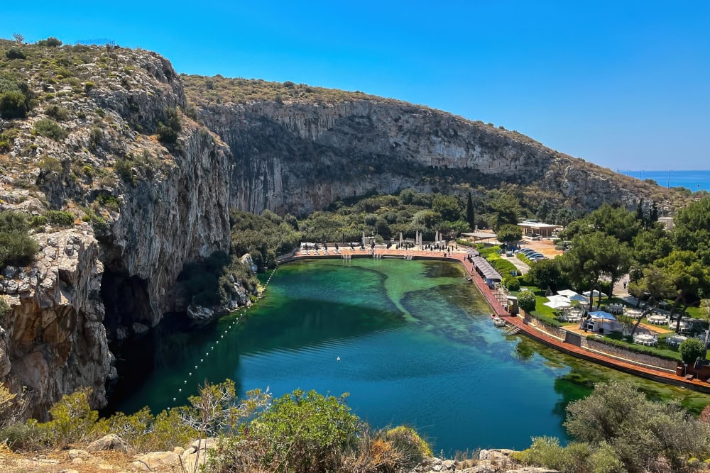 Landscape,With,Volcanic,Lake,Vouliagmeni,With,Azure,Water,And,Radon Lake of Voulagmeni