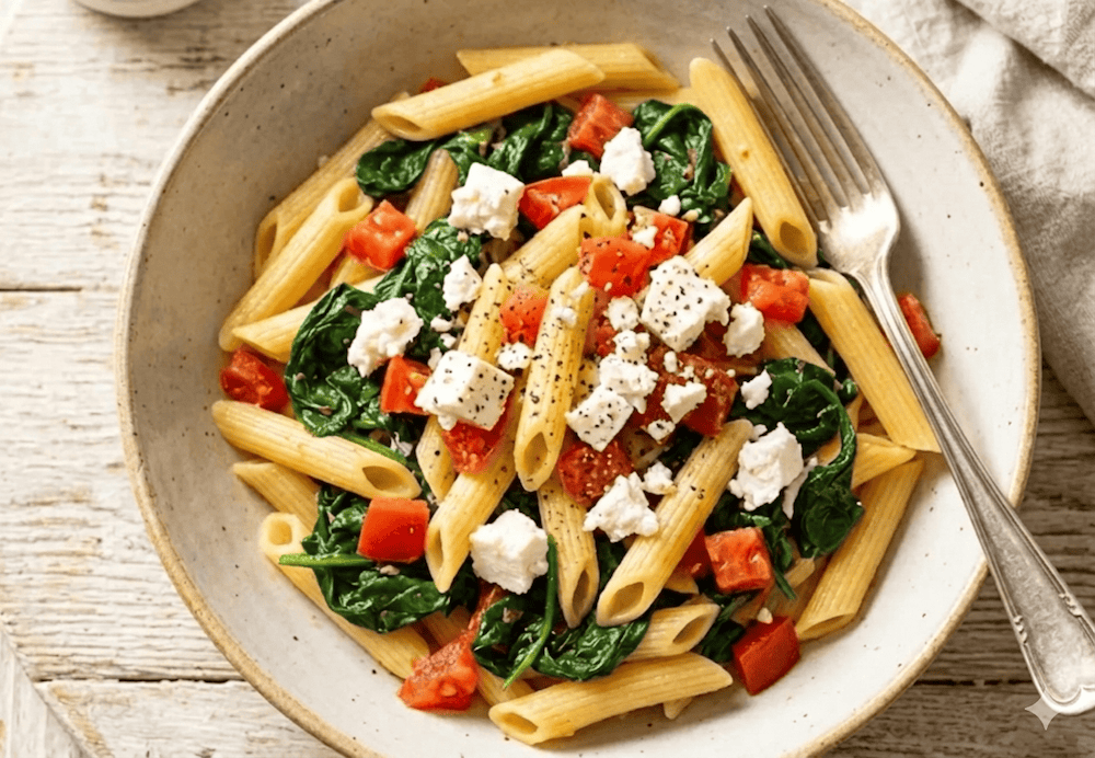 Bowl of Spinach Feta pasta with tomatoes, garlic and onions