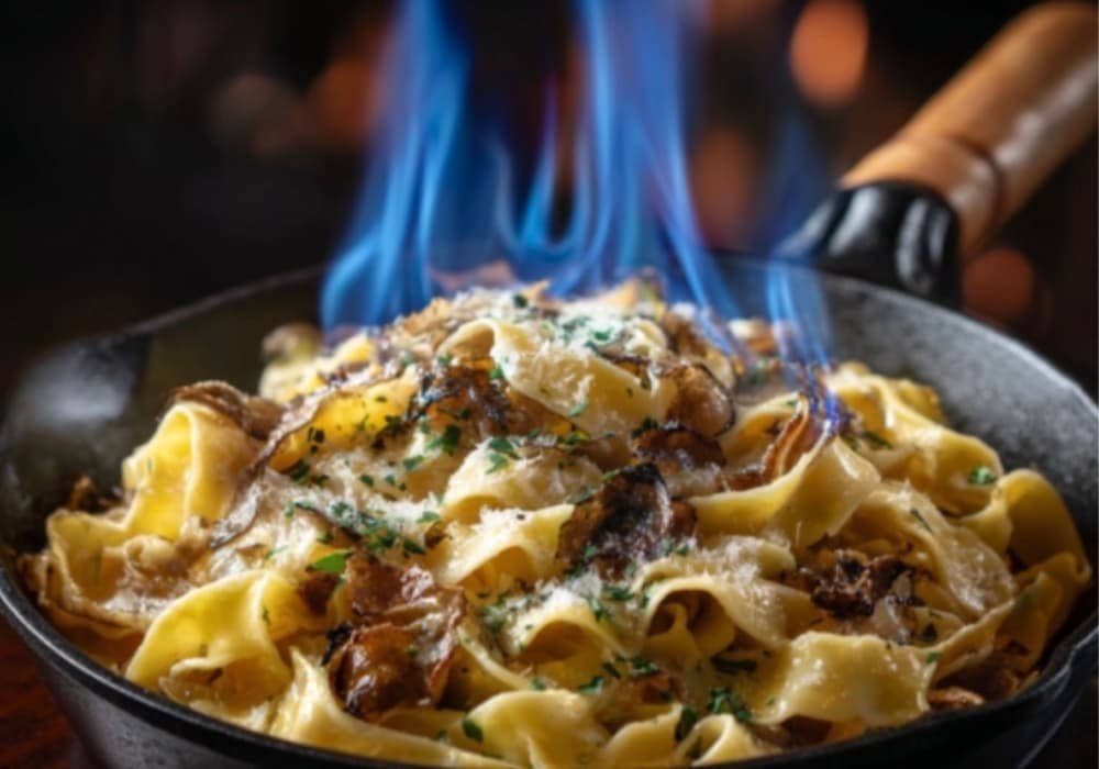 plat flambé dans une poêle en cuivre cuisine gastronomique à Metz
