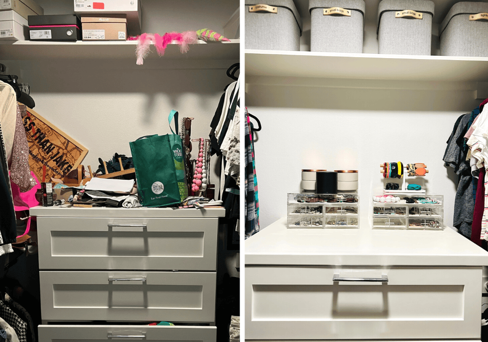 Clutter B&A photo of a cluttered closet space next to an after photo of the organized closet