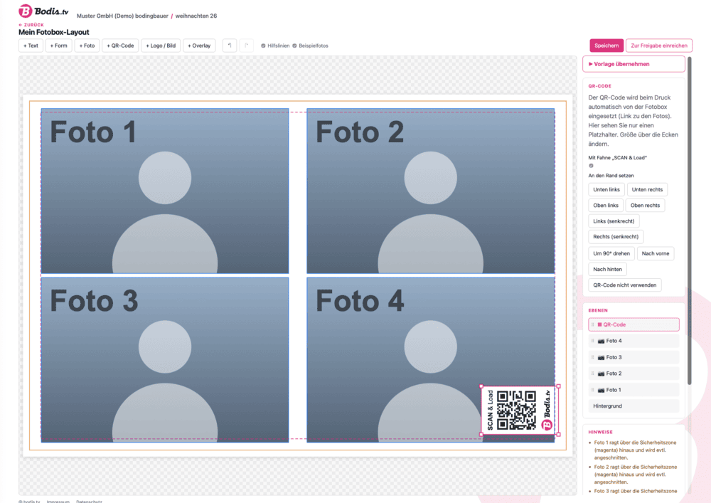 Layout-Editor von bodis.tv: Text, Formen, Fotos, QR-Code, Logo und Overlays für das Fotobox-Layout