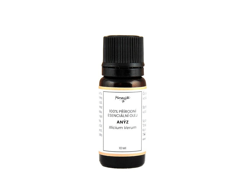 Hnědá skleněná lahvička 10ml 100% přírodního esenciálního oleje Anýz (Illicium Verum) značky Moravité na čistém bílém pozadí.