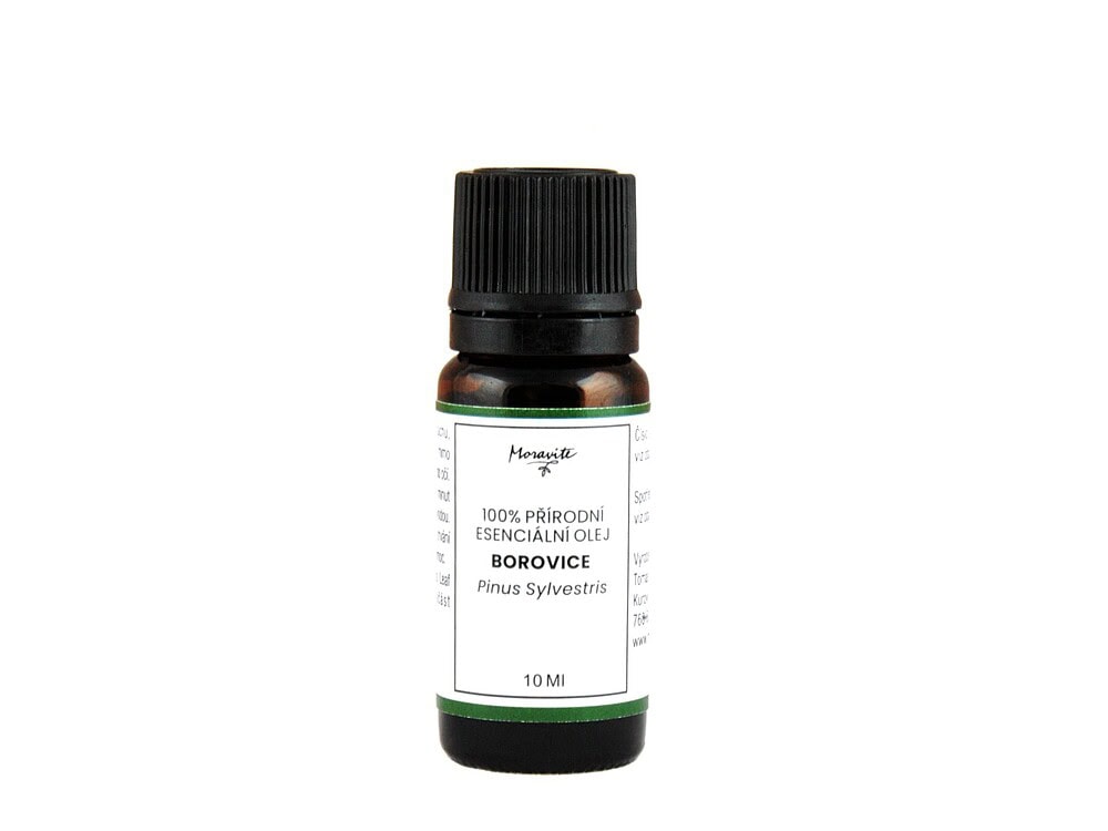 Hnědá skleněná lahvička 10ml 100% přírodního esenciálního oleje Borovice (Pinus Sylvestris) značky Moravité na čistém bílém pozadí.