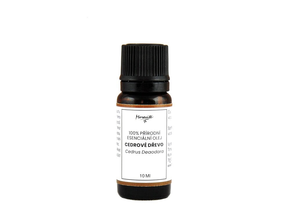 Hnědá skleněná lahvička 10ml 100% přírodního esenciálního oleje Cedrové dřevo (Cedrus Deodara) značky Moravité na čistém bílém pozadí.