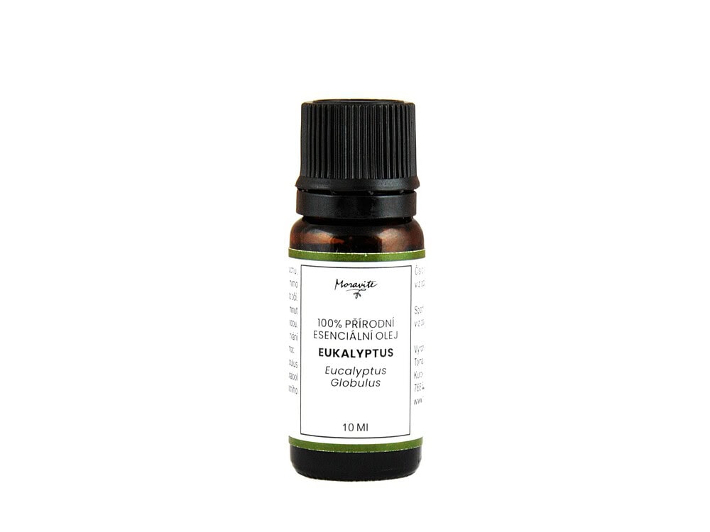 Hnědá skleněná lahvička 10ml 100% přírodního esenciálního oleje Eukalyptus (Eucalyptus Globulus) značky Moravité na čistém bílém pozadí.