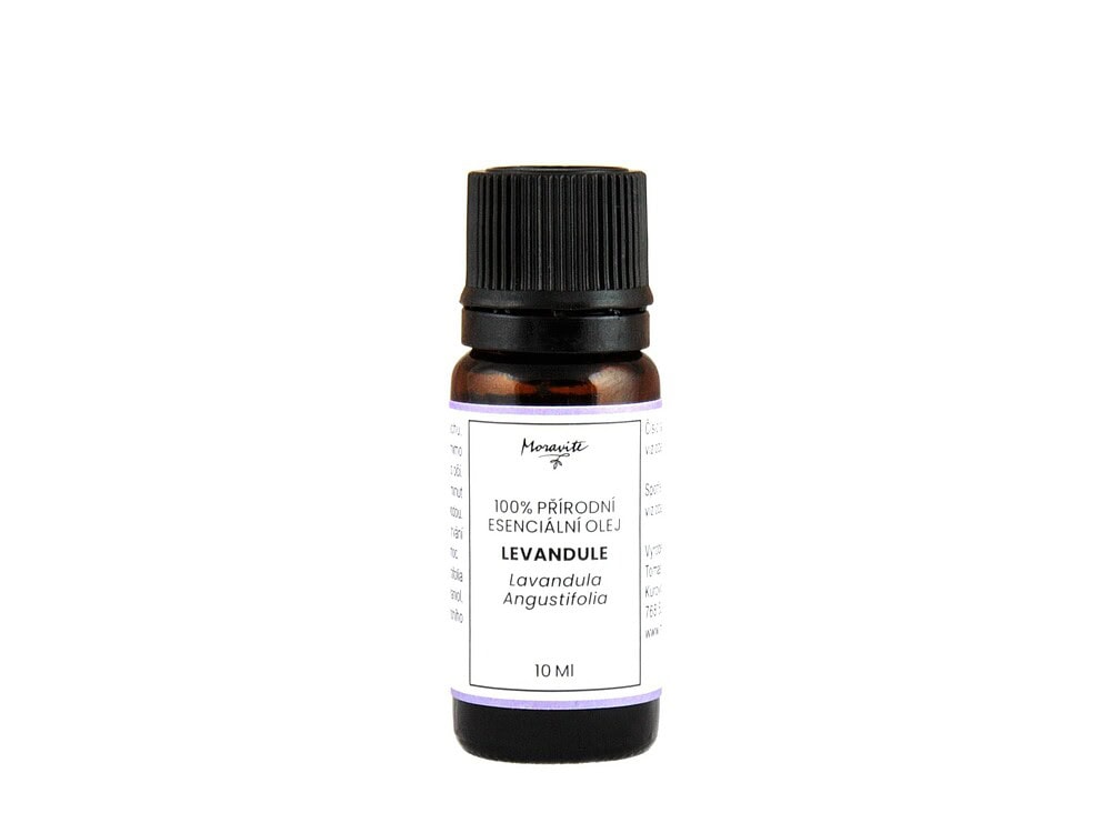 Hnědá skleněná lahvička 10ml 100% přírodního esenciálního oleje Levandule (Lavandula Angustifolia) značky Moravité na čistém bílém pozadí.