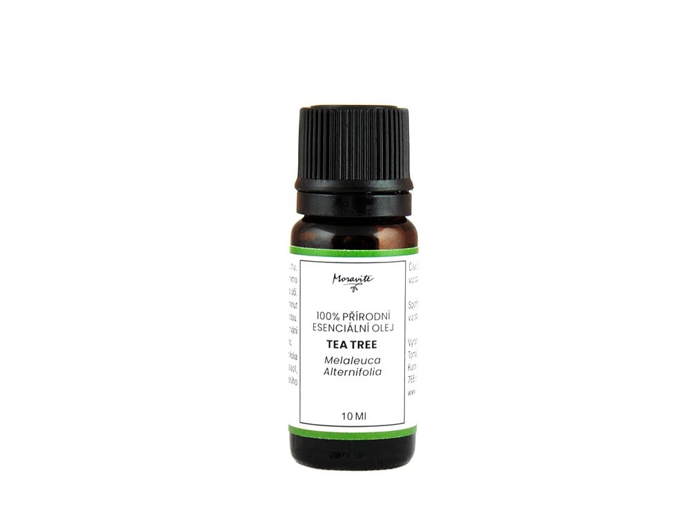 Hnědá skleněná lahvička 10ml 100% přírodního esenciálního oleje Tea Tree (Melaleuca Alternifolia) značky Moravité na čistém bílém pozadí.