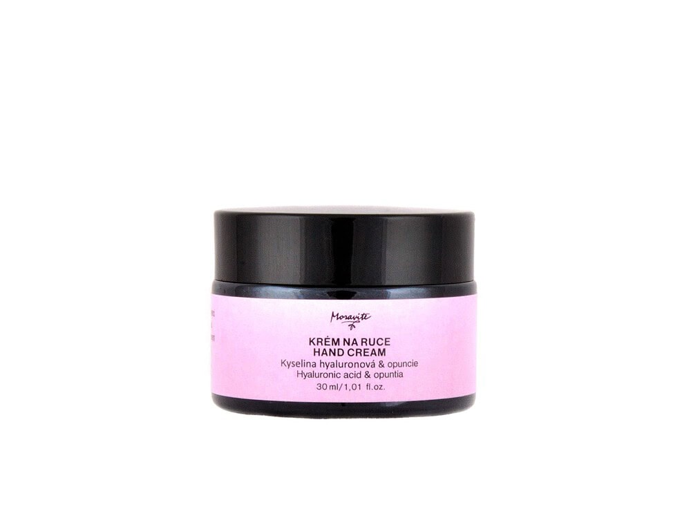 Černá dóza s krémem na ruce Moravité, růžová etiketa s nápisem Kyselina hyaluronová & opuncie, 30 ml.