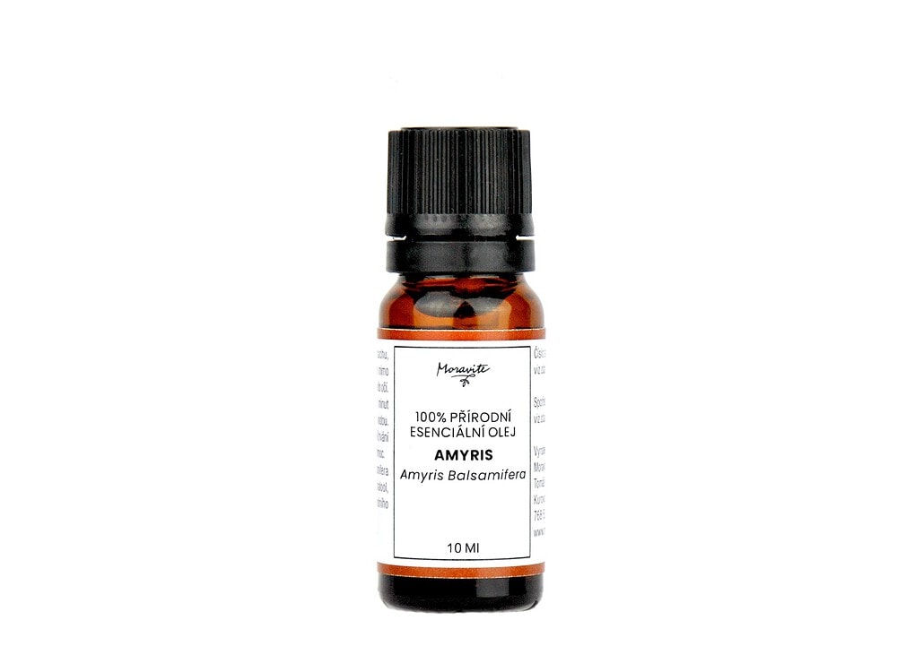 Lahvička 100% přírodního esenciálního oleje Moravite Amyris (Amyris Balsamifera) o objemu 10 ml na bílém pozadí.