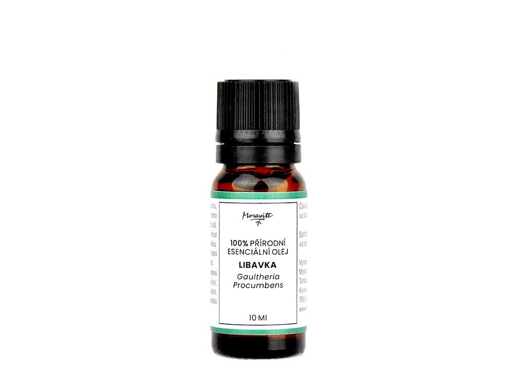 Lahvička 100% přírodního esenciálního oleje Moravité Libavka (Gaultheria Procumbens) o objemu 10 ml na bílém pozadí.