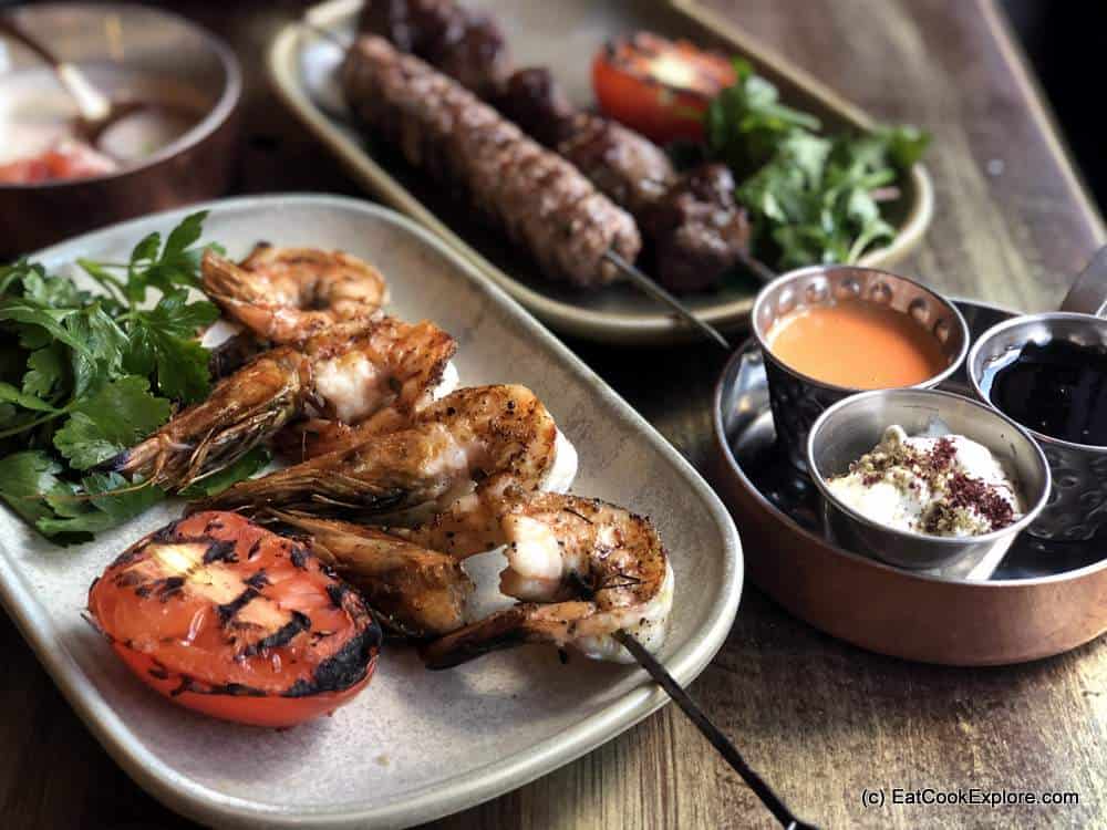 Melabes Israelie Food Kensington - Grilled prawns, kebabs and rib eye skewers