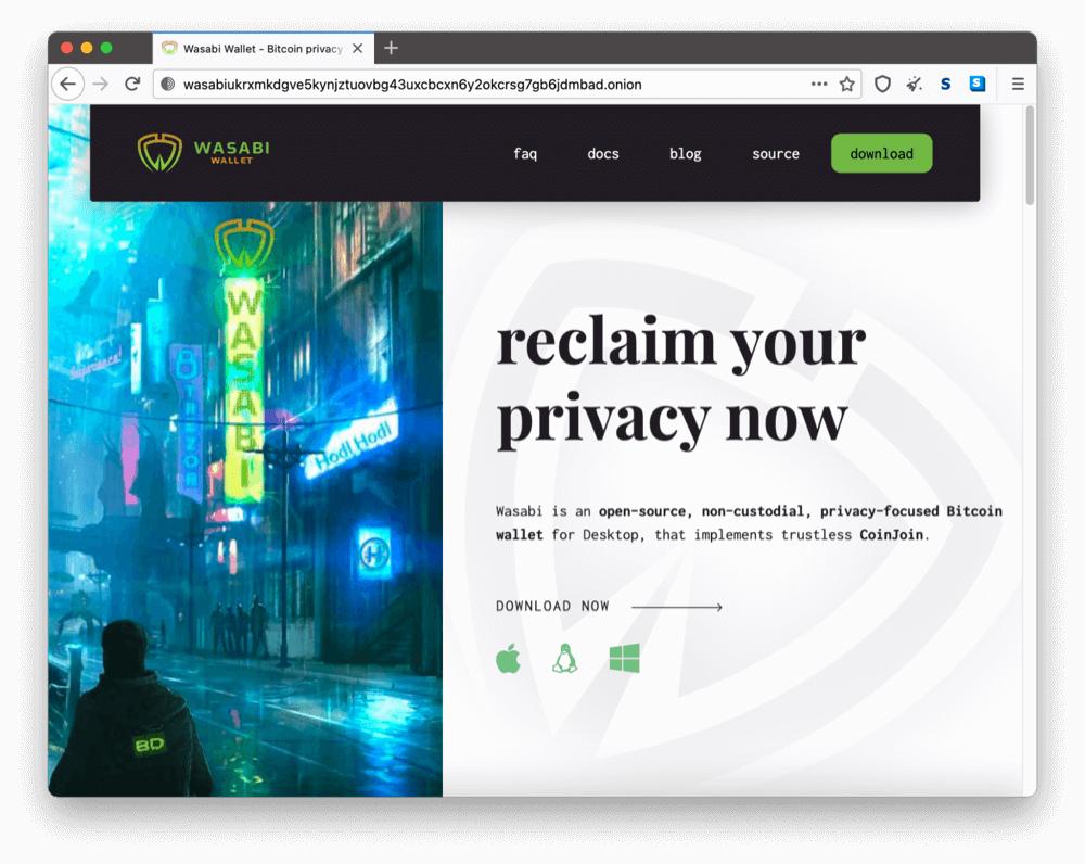 Wasabi Wallet's onion site on the dark web