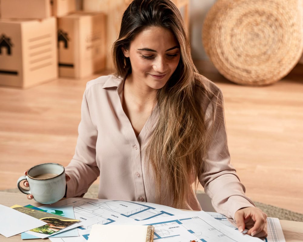 A female real estate investor looking at building plans with a determined expression, showcasing her dedication and expertise in the field.