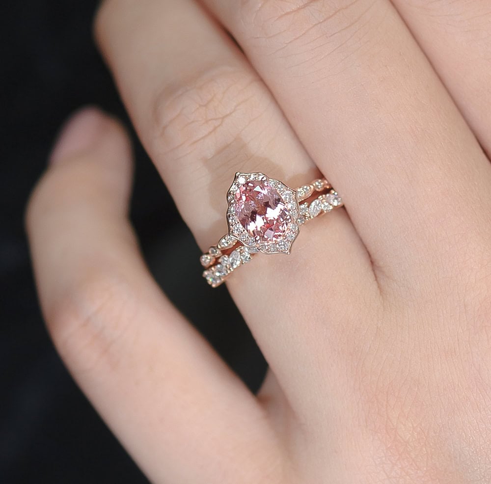 Oval Floral Vintage Peach Sapphire Ring - Harmony - Image 3