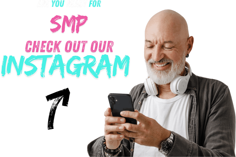 Smiling bald man with a white beard and headphones around his neck, holding a smartphone. Text reads: 'Are you ready for SMP? Check out our Instagram.' The design features bold, colorful text in pink and teal with a modern, energetic feel.