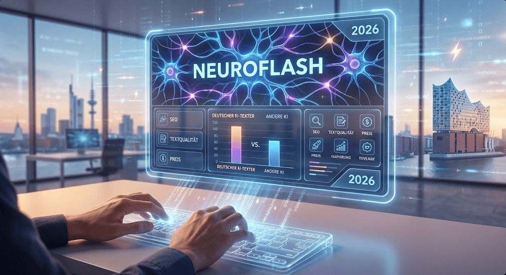 Neuroflash Erfahrungen 2026 Dashboard mit Vergleichsdiagramm und Hamburg Skyline im Hintergrund
