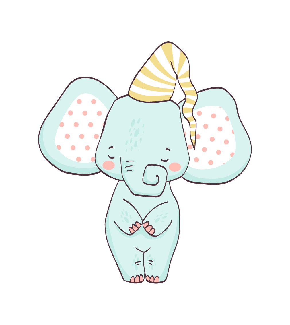 Cute baby elephant wearing a colorful birthday cap