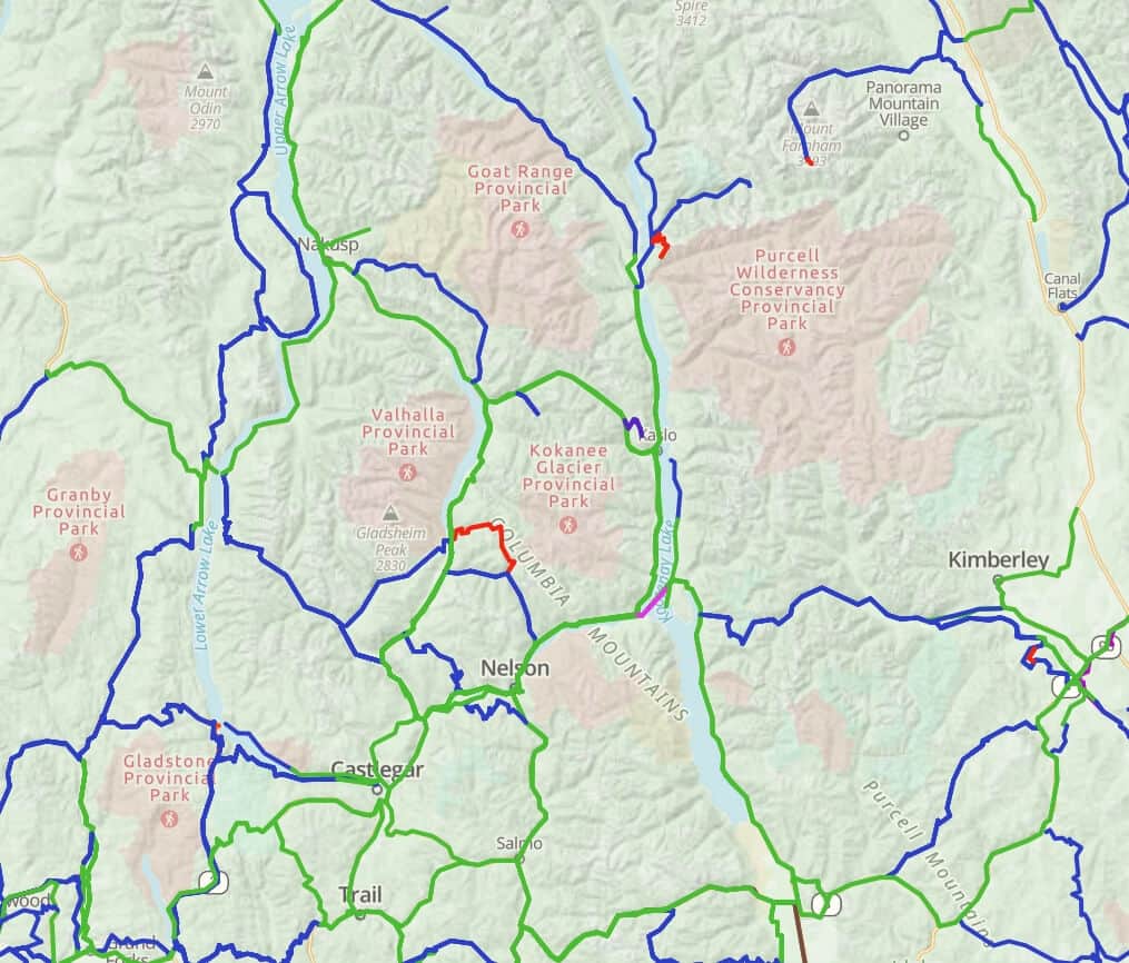 Map of West Kootenays Motorcycle Routes
