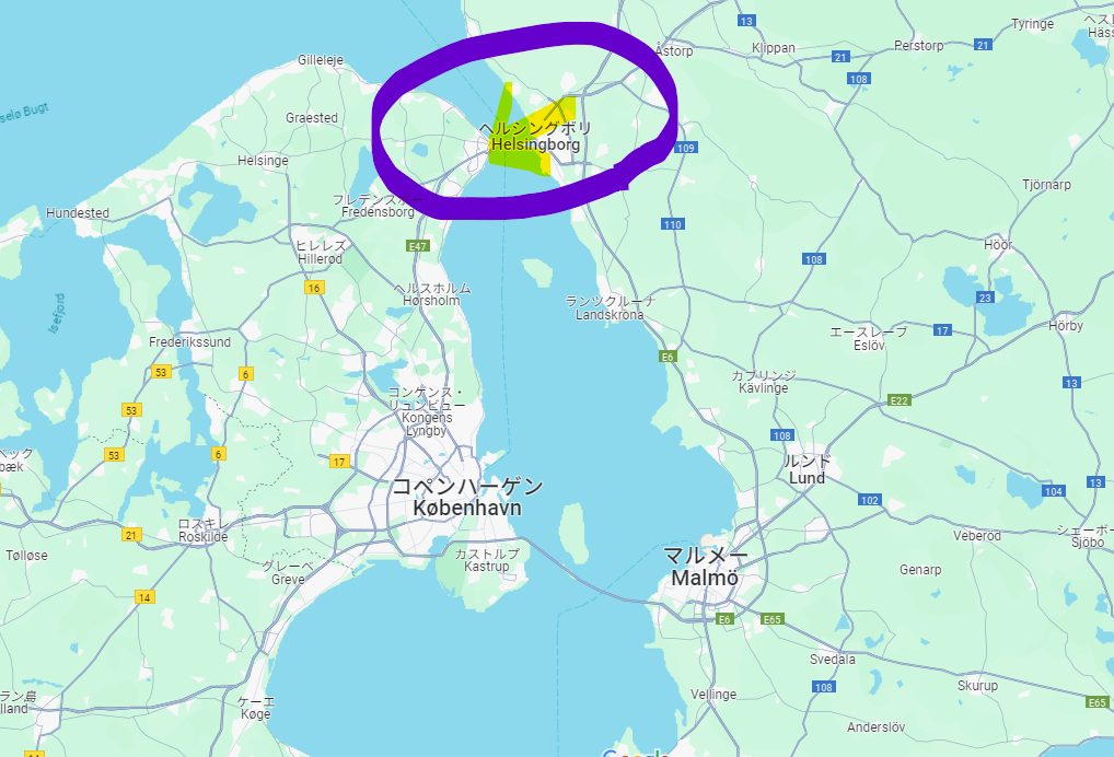 スウェーデンのヘルシングボリ港（Helsingborg）から、デンマークのヘルシングエーア港（Helsingor）までフェリー航路