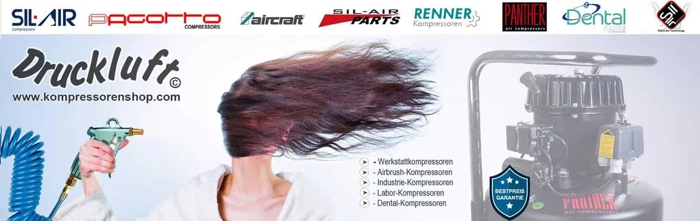 Werbung kompressorenshop.com für Werkstattkompressoren Laborkompressoren Industriekompressoren Dentalkompressoren und Airbrushkompressoren