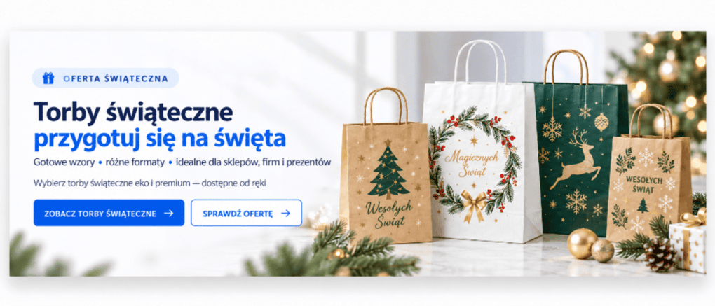 Świąteczny banner z kolorowymi torbami na prezenty, duży napis 'Torby świąteczne przygotuj się na święta' oraz dwa przyciski: 'Zobacz torby świąteczne' i 'Sprawdź ofertę'.