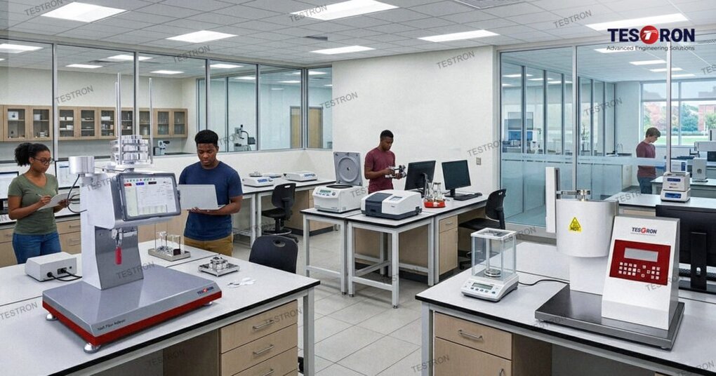 Essential polymer testing equipment in a modern university laboratory in the USA for research and education