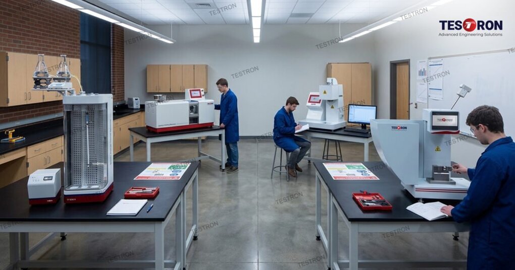 Students using state of the art polymer testing equipment in the USA inside a university engineering laboratory