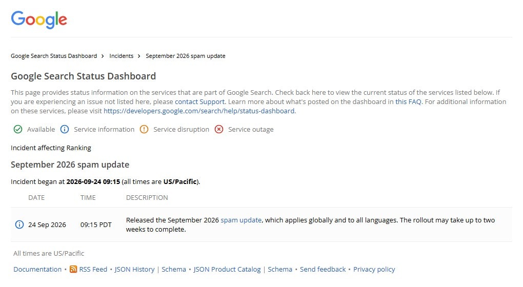 Google Search Status Dashboard showing the Google September 2026 spam update released on 24 September 2026