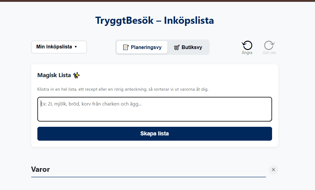 En skärmdump av "den magiska inköpslistan" inuti TryggtBesöks guider.