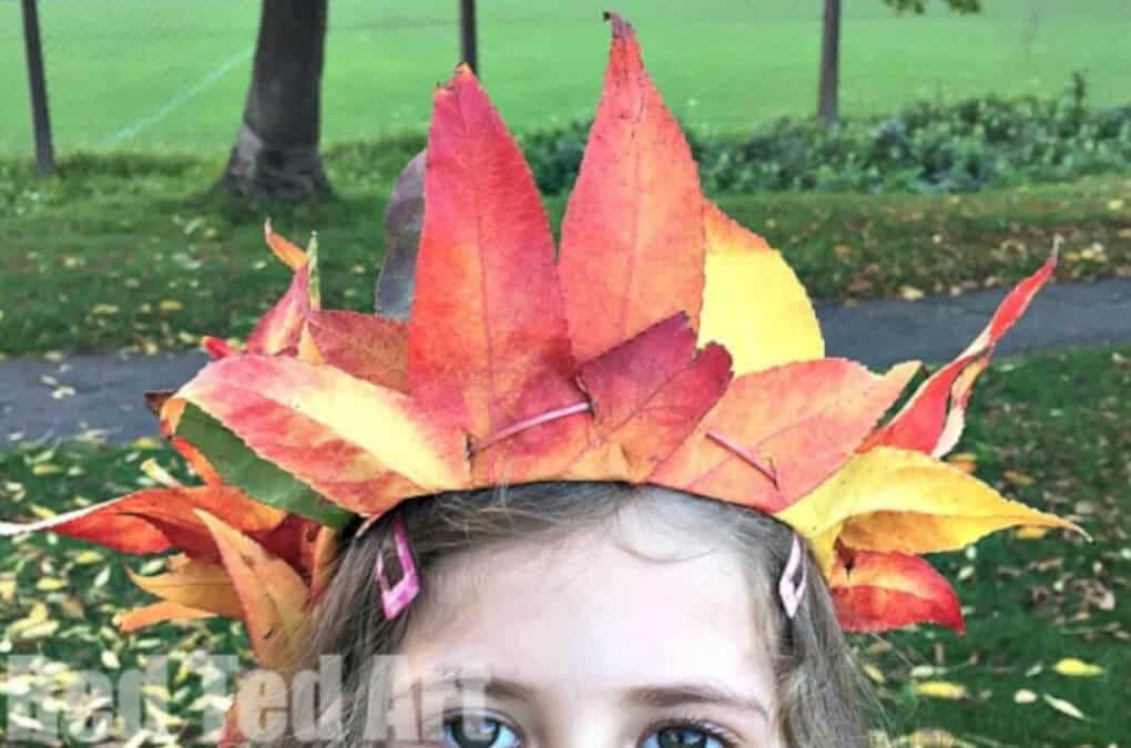 an autumn themed crown made with real fall leaves