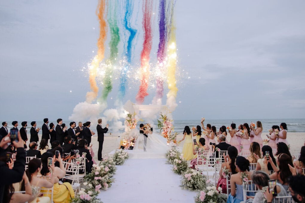 Charisee & Divyansh beach wedding ceremony with colour smoke in Thailand