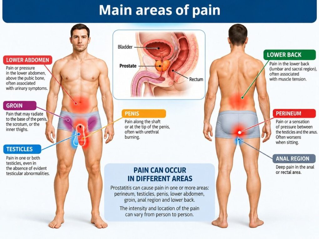 Common pain locations in prostatitis: perineum, testicles, penis, lower abdomen, and back