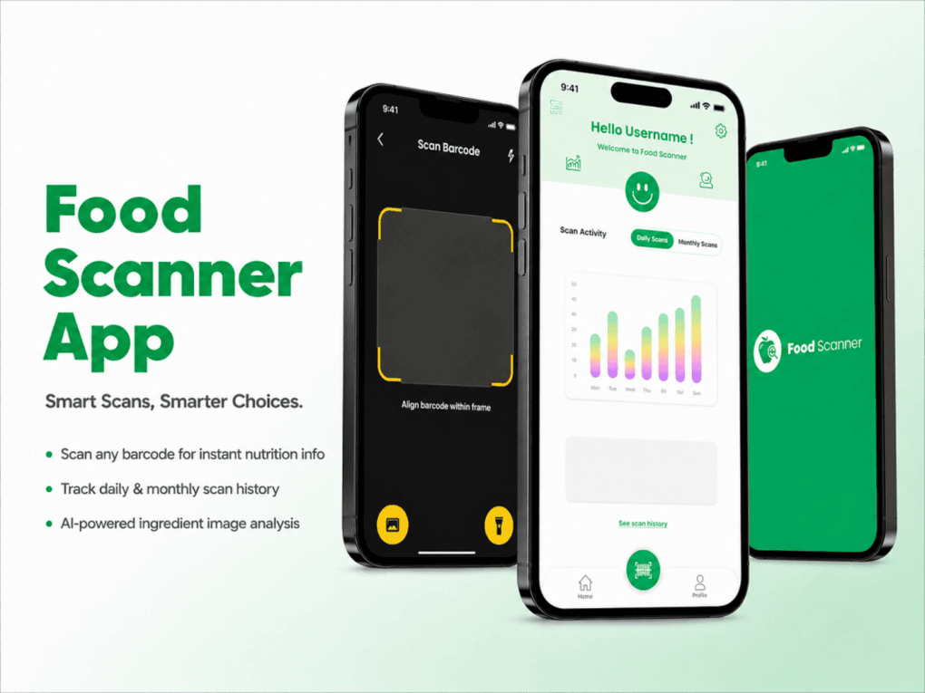 Food Scanner Flutter cross-platform mobile application UI mockups showing barcode camera scanner view and daily nutrition scan history analytics charts.