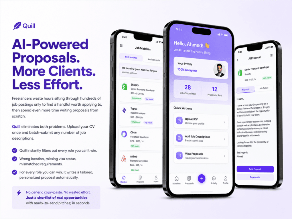 Quill AI-powered proposal writing and job shortlisting mobile application UI mockups showing automated job matching dashboard.