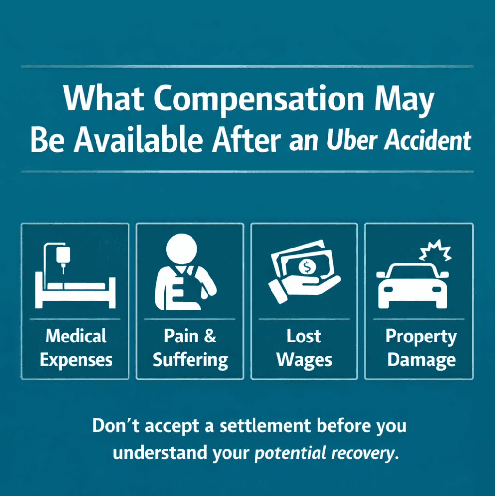 Types of compensation after an Uber or Lyft accident in Texas including medical expenses lost wages pain and suffering and property damage