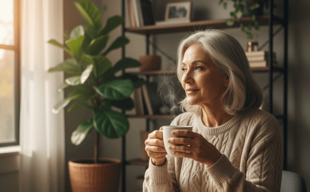 A woman finds a moment of quiet reflection, representing the use of CBD for cognitive support and maintaining long-term brain wellness.